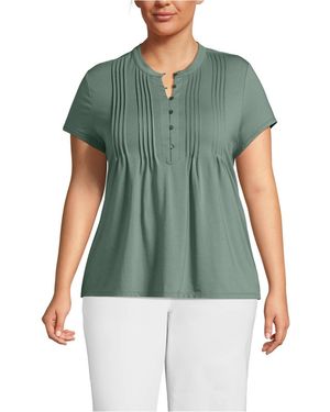 Lands' End Plus Size Lightweight Jersey Button Pintuck Top - Green