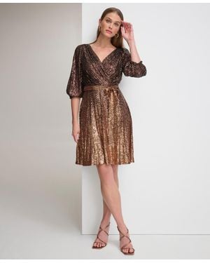 DKNY Long Sleeve Ombre Faux Wrap Sequin Dress - Brown