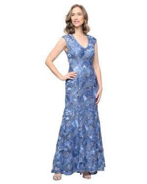 Alex Evenings Sleeveless V Neck Soutache Ball Gown - Blue