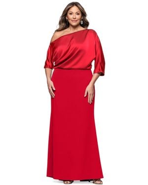 Betsy & Adam Plus Size Asymmetrical Neck Long Dress - Red