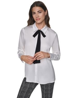 DKNY Satin Long-sleeve Chiffon Neck Tie Blouse - Gray