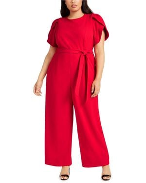 Calvin Klein Plus Size Tulip-sleeve Belted Jumpsuit - Red