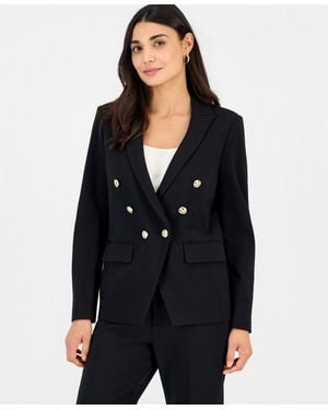 INC International Concepts Petite Double-breasted Fitted Stretch Ponte Blazer - Black