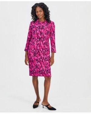 Kasper Printed Shawl Collar Scuba Jacket Round Neck Scuba Sheath Dress - Pink