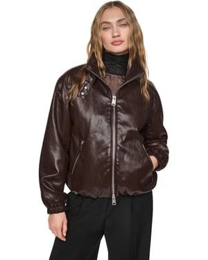 DKNY Petite High-collar Faux-leather Bomber Jacket - Brown