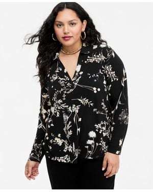 INC International Concepts Plus Size Floral-print Johnny Collar Knit Blouse - Black