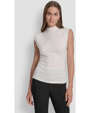 DKNY Mock-neck Sleeveless Side-ruched Knit Top - White