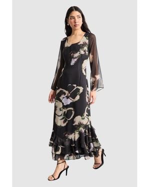 Warehouse Printed Scoop Neck Ruffle Hem Midi Dress - White
