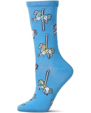 Memoi Carousel-themed Rayon Blend Novelty Crew Sock - Blue