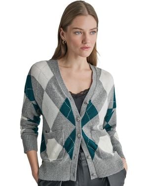 BCBGMAXAZRIA Embellished Argyle Cropped Cardigan - Blue