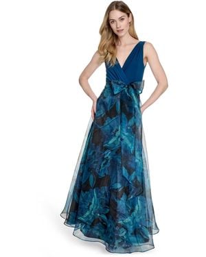 Eliza J Petites Surplice Printed-skirt Sleeveless Gown - Blue