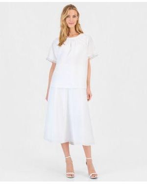 Anne Klein Linen Blend Pleat Neck Blouse Pull On A Line Midi Skirt - White