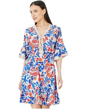 Yumi' Leaf Print Kimono Sleeve Tunic Dress - Blue