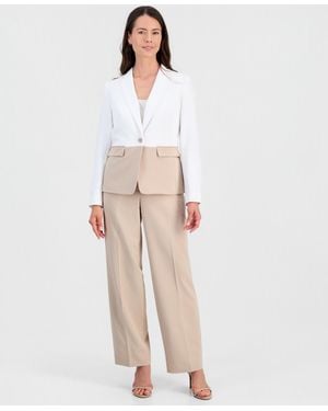 Le Suit Plus Size Colorblocked One-button Peplum Jacket & Fly-front Wide-leg Pants Suit - White