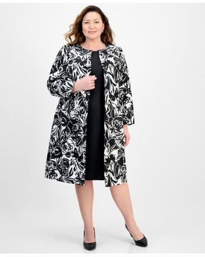 Le Suit Plus Size Floral-print Jewel-neck Jacket Topper & Plus Size Empire Seamed Dress Set - Black
