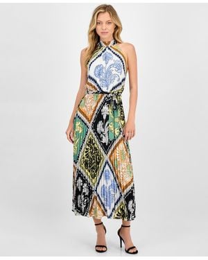 Tahari Printed Tie-waist Pleated-skirt Halter Maxi Dress - Blue
