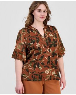 Anne Klein Essentials Plus Size Split-neck Ruffled-cuff Top - Brown