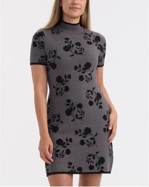 Ellen Tracy Floral Short Sleeve Sweater Dress - Gray