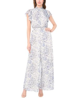 Msk Short-sleeve Mock Neck Smocked Waist Jumpsuit - White