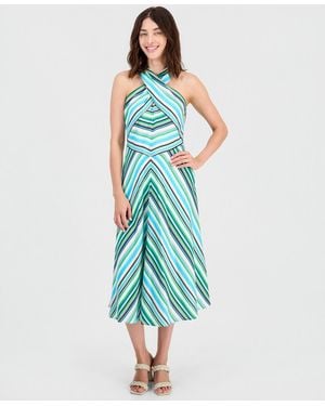 Tahari Striped Crisscross Halter Midi Dress - Blue