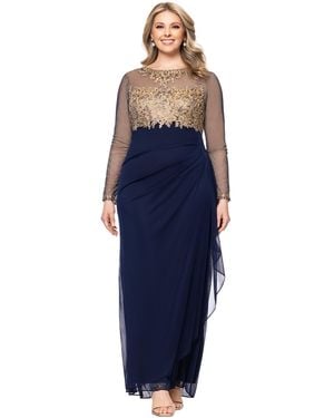 Xscape Plus Size Embroidered Illusion Gown - Blue