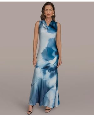 Donna Karan Cowl Neck Floral Gown - Blue