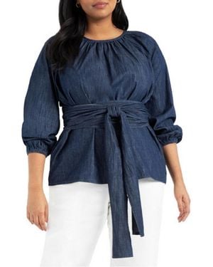 Eloquii Plus Size Dramatic Faux Wrap Top - Blue
