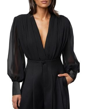 JLUXLABEL Refined Pleated Chiffon Plunge Neckline Long-sleeve Bodysuit - Black