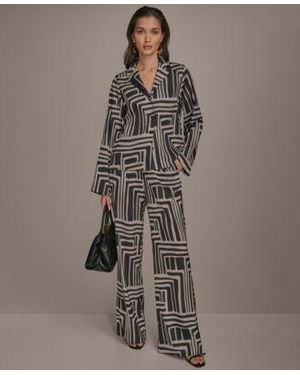 Donna Karan Printed Button Down Shirt Wide Leg Pants - Brown