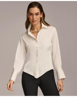 Donna Karan Petite Button Front Point Hem Top - Natural