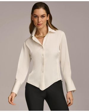 Donna Karan Button Front Point Hem Top - Natural