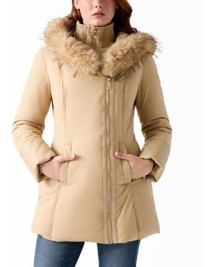 Guess Pleather Sleeve Detailed Faux-fur Hooded Puffer Coat - Natural