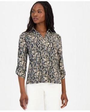 Anne Klein Essentials Printed Collared 3 4 Sleeve Top - Black