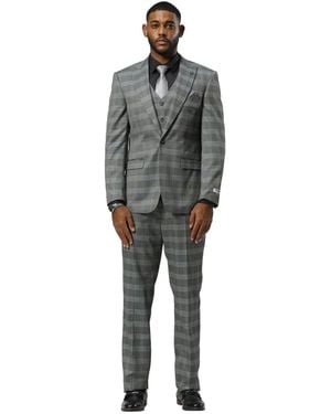 Stacy Adams Big & Tall Glen Plaid 3-piece Jacket With Solid Vest And Pants Suit Peak Lapel - Gray