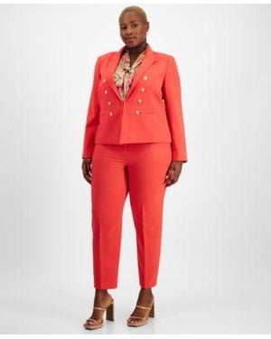 Tahari Plus Size Faux Double Breasted Jacket Printed Bow Blouse Classic Ankle Pants - Red
