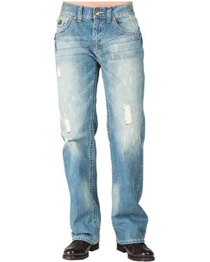 Level 7 Relaxed Straight Leg Premium Denim Jeans Zipper Trim Pockets - Blue