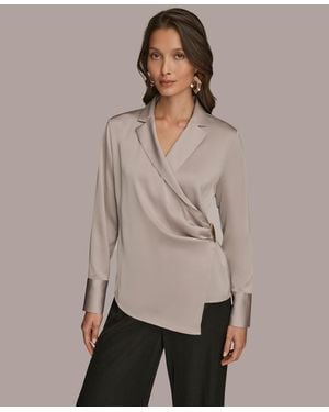 Donna Karan Wrap Long Sleeve V-neck Top - Natural
