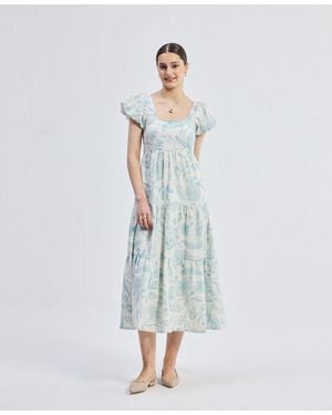 REISTOR Puff Sleeve Tiered Midi Dress - Blue