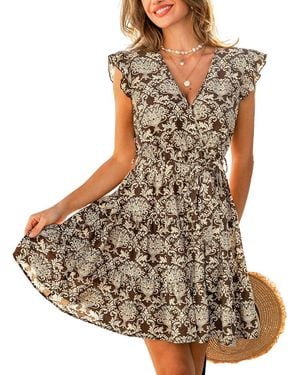 CUPSHE Surplice V-neck Short-sleeve Woven Mini Dress - Brown