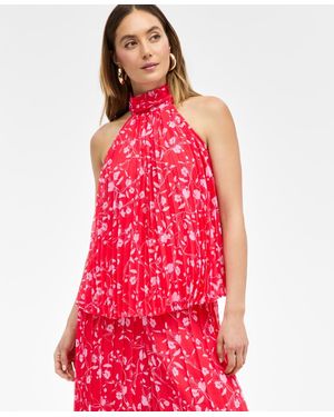 INC International Concepts Floral-print Pleated Halter Top - Red