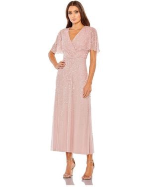 Mac Duggal Beaded Wrap Over Butterfly Sleeve Dress - Pink