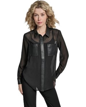 DKNY Sheer Long-sleeve Blouse - Black