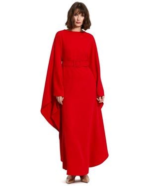 Mac Duggal Crepe Boat Neck Belt Detail Shawl Gown - Red