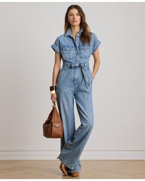 Ralph Lauren Spread Collar Belted Denim Wide-leg Jumpsuit - Blue