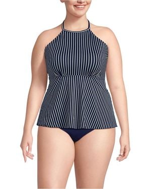 Lands' End Plus Size Flutter High Neck Halter Tankini Top - Blue