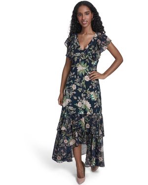 sachin and babi light blue dress Tommy Hilfiger Women's Ruffle-trim Floral-print Pleated Chiffon Dress In  Blk/ballerina Pink