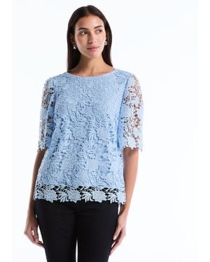 Rafaella Petite Scalloped Elbow-sleeve Lace Top - Blue