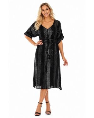 La Moda Clothing Shimmer Stripe Beach Kaftan V-neck Flutter-sleeve Swimsuit Cover-up - Black