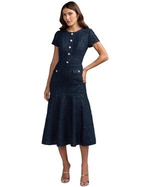 Mac Duggal Sequin Tweed Short Sleeve A-line Midi Dress - Blue