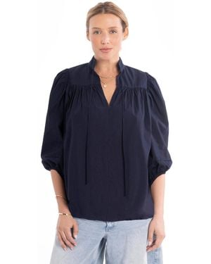 ocean + main Ocean+main Ocean+main Cotton Tie Neck 3/4 Sleeve Top - Blue